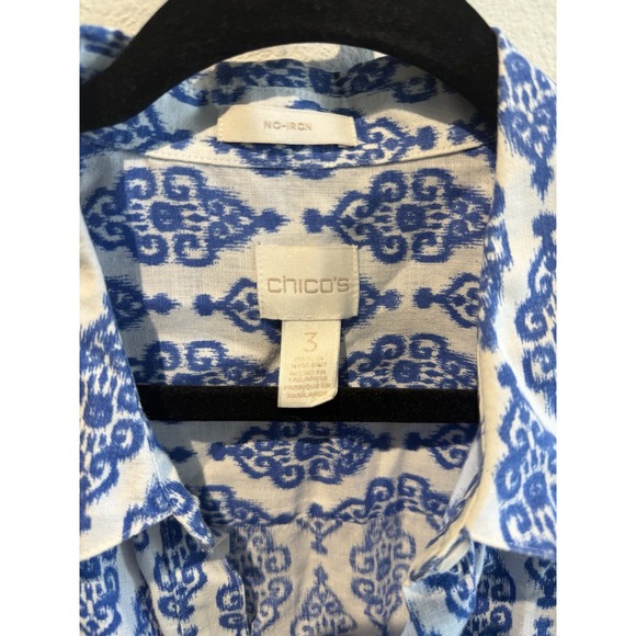 Chico's No Iron 100% Linen Button Down Blouse Size 3 (14/16) Blue Ikat Work Chic - Picture 3 of 10